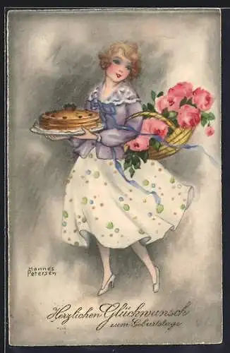 Künstler-AK Hannes Petersen: Geburtstag, Junge Frau mit Kuchen und Blumenkorb
