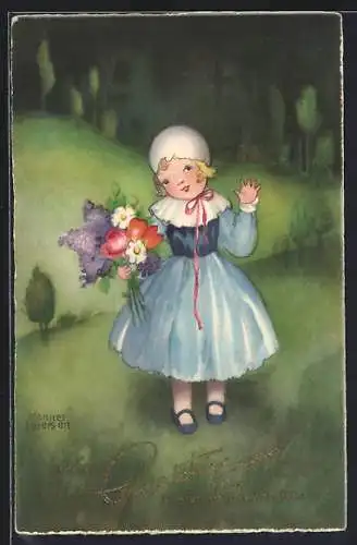 Künstler-AK Hannes Petersen: Kind mit Blumenstrauss auf der Wiese
