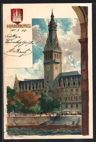 Künstler-AK Heinrich Kley: Hamburg, Blick auf das Rathaus, Wappen