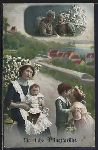 AK Herzliche Pfingstgrüsse, Mutter mit Kindern denkt an ihren Mann im Krieg, Soldaten mit Feldpost-Brief