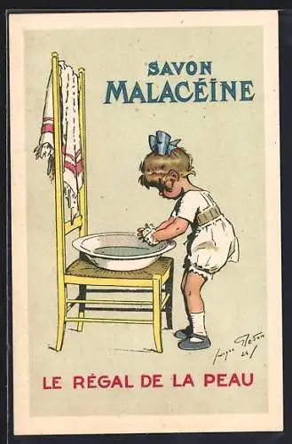 Künstler-AK Savon Malacéine, le Régal de la Peau, Mädchen wäscht sich mit Seife an einer Waschschüssel