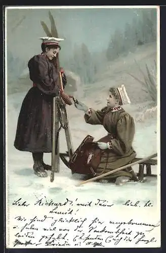 Lithographie Dame mit einem Schlitten gibt der Skiläuferin etwas aus ihrem Rucksack