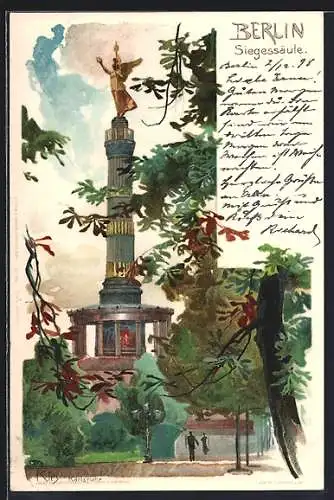 Künstler-Lithographie Heinrich Kley: Berlin, Siegessäule mit Passanten