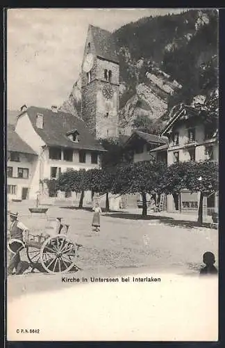 AK Unterseen b. Interlaken, Kirche und Platz