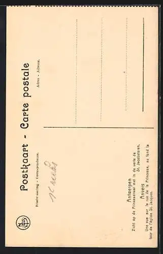 AK Antwerpen / Anvers, Zicht op de Prinsesstraat met in de verte de St. Jacobstoren, Une vue sur la rue de la Princesse