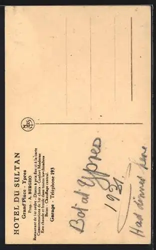 AK Ypres, Hotel Du Sultan