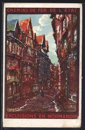 Künstler-AK Chemins de Fer de l`État, Excursions en Normandie, Strassenpartie