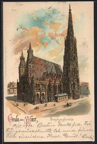 Lithographie Wien, Stephanskirche mit Pferdebahn