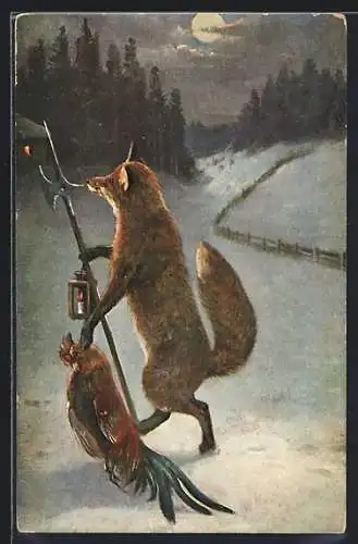AK Fuchs m. Laterne & Helmbarte läuft durch den Schnee m. erlegtem Hahn