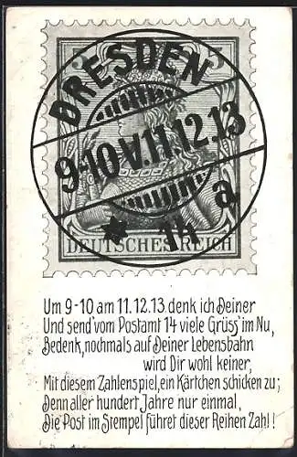 Künstler-AK Grosse Briefmarke mit Poststempel 11.12.13