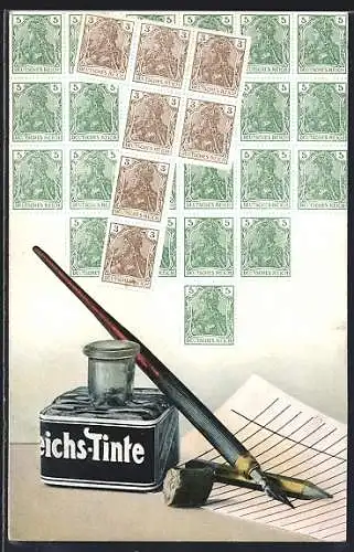 AK Schreibfeder, Tintenfass und Briefmarken
