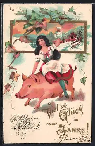 Lithographie Viel Glück im neuen Jahre!, Mädel reitet auf Schwein