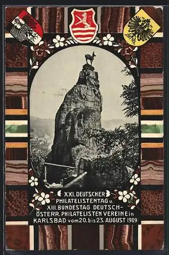 AK Karlsbad, XXI. Deutscher Philatelistentag 1909, Hirschensprung, Wappen