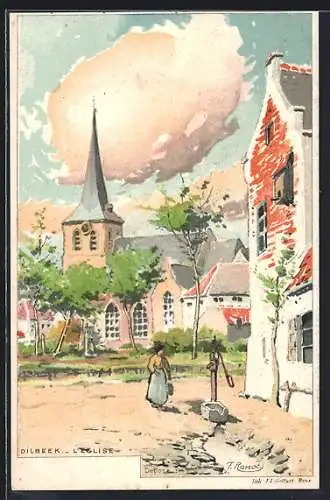 Künstler-AK Dilbeek, L`Eglise, Brunnen vor der Kirche