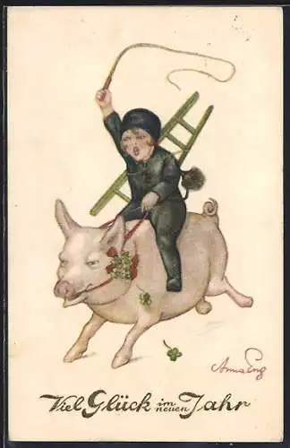 AK Kindlicher Schornsteinfeger reitet auf einem Schwein