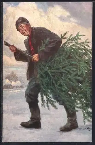Künstler-AK Rudolf Alfred Höger: Mann bringt den Tannenbaum heim