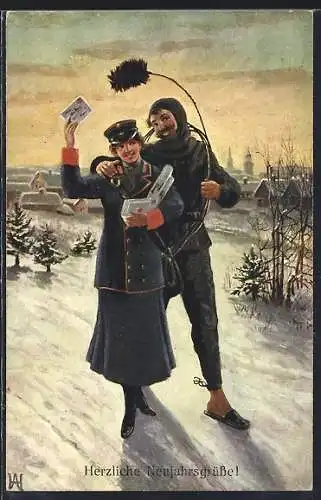 AK Schornsteinfeger und Briefträgerin im Schnee
