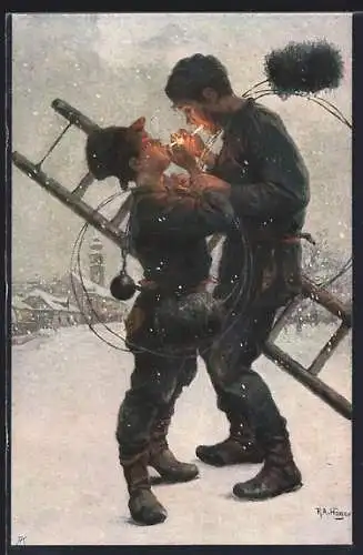 Künstler-AK Rudolf Alfred Höger: Zwei Schornsteinfeger rauchen Zigaretten, Neujahrsgruss