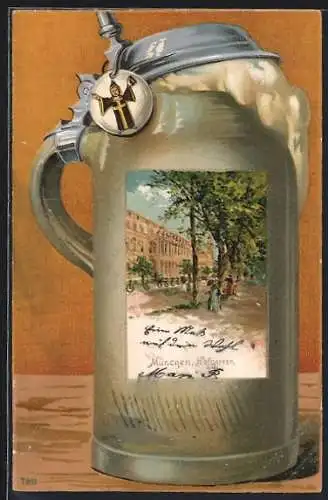 Passepartout-Lithographie München, Strassenpartie am Hofgarten, Bierkrug mit Münchner Kindl