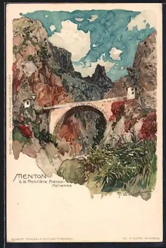 Künstler-AK Manuel Wielandt: Menton, Brücke an Grenze