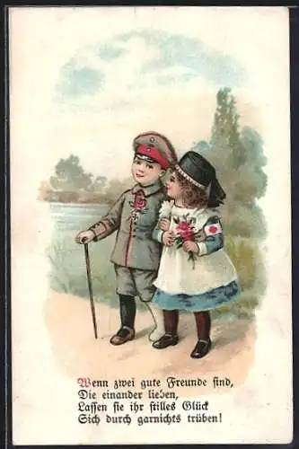 AK Kindersoldat mit kleiner Rot-Kreuz-Schwester