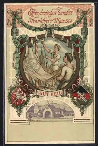 AK Frankfurt am Main, Zwei Wappen, 1. Deutsches Turnfest 1908, Turner hissen Fahne