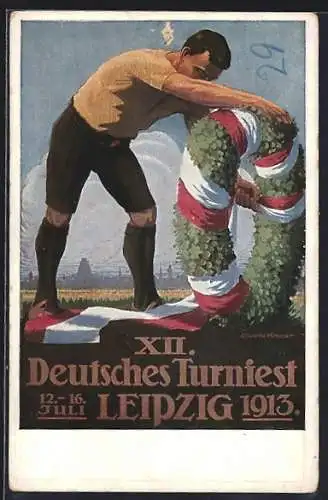 Künstler-AK XII. Deutsches Turnfest Leipzig Juli 1913, Mann mit Festkranz