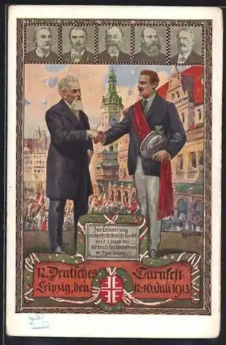 Künstler-AK Leipzig, Männer beim Handschlag und belebter Marktplatz zum 12. Deutschen Turnfest 1913
