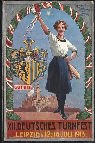 AK Leipzig, XII. Deutsches Turnfest 1913, Turnerin mit Keulen grüsst mit Rosen, Wappen