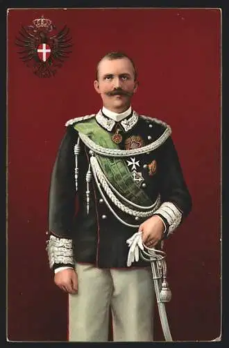 AK König Victor Emmanuel III. von Italien in Uniform mit Orden, Wappen