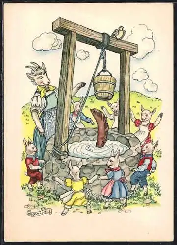 AK Der Wolf und die sieben Geisslein, Der Wolf ist tot, Reklame für Indanthren