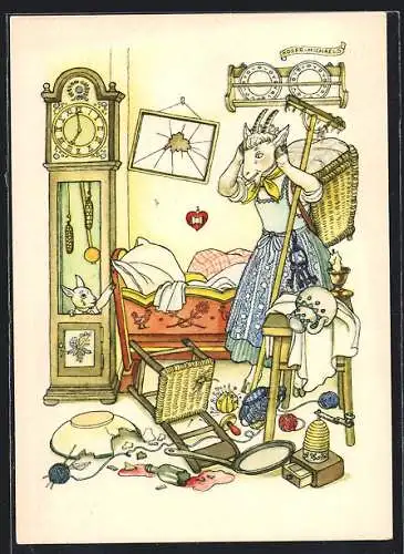 Künstler-AK Reklame für Indanthren, Geissenmutter findet nur noch ein Geisslein in der Standuhr, Märchen