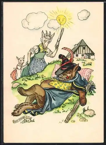 Künstler-AK Indanthren, Harms, Der Wolf und die sieben Geisslein, Der Wolf ist satt