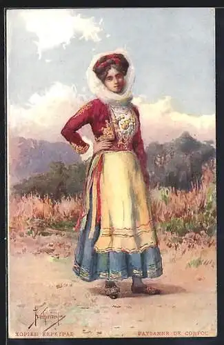 Künstler-AK Bäuerin von Korfu in Tracht