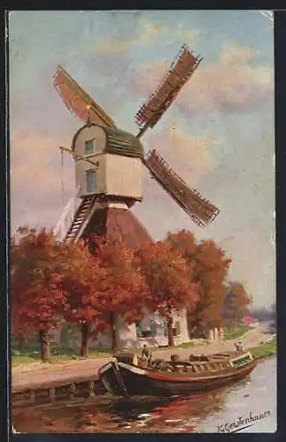Künstler-AK Johan Georg Gerstenhauer: Uferlandschaft mit Windmühle und Boot