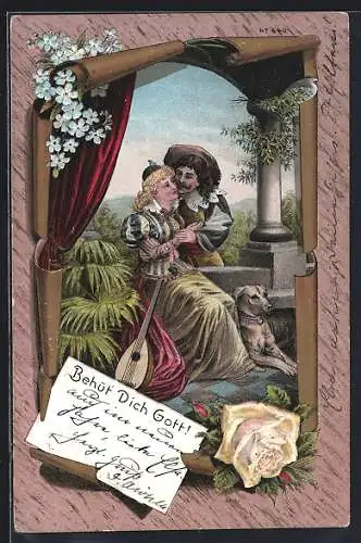 Lithographie Behüt Dich Gott!, Der Trompeter von Säckingen umarmt seine Freundin, Hund, Gelbe Rose