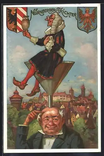 AK Nürnberg, Mann hat Trichter auf dem Kopf auf dem ein Gelehrter mit Eule sitzt, Wappen, Burg