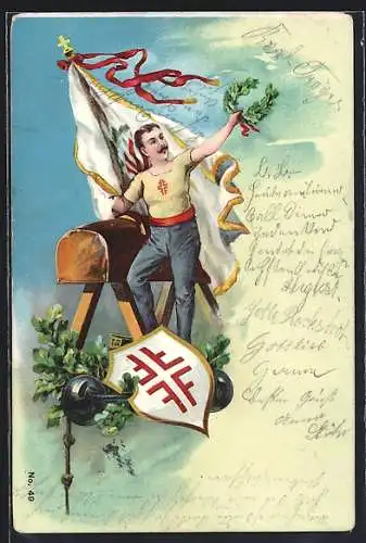 Lithographie Turner mit Wappen am Pauschenpferd