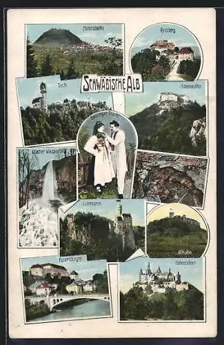 AK Tübingen, Schloss Teck, Schloss Hohenzollern und Bürger in Betzinger Tracht