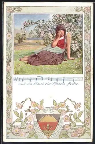 Künstler-AK Karl Friedrich Gsur, Deutscher Schulverein Nr.92: Mädchen weint vor einem Rosenbusch