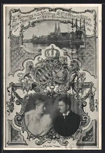AK Portrait Prinzessin Elisabeth Helene von Thurn & Taxis & Prinz Friedrich Christian von Sachsen, Wappen & Krone