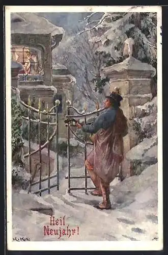 Künstler-AK Hans Kaufmann: Heil Neujahr!, Verehrer spielt für seine Liebste auf der Gitarre