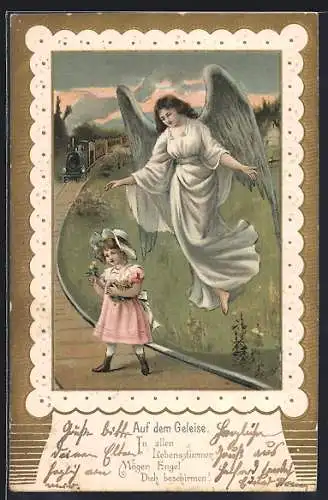 Lithographie Auf dem Geleise..., Schutzengel über einem Mädchen vor der Eisenbahn