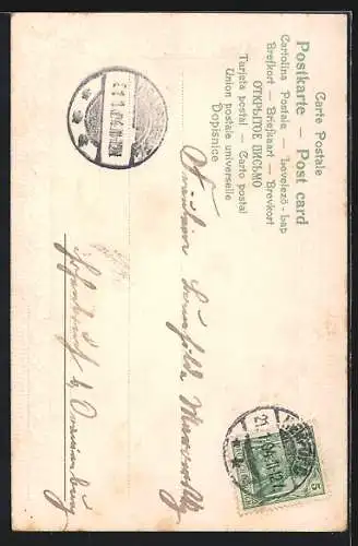 Lithographie Auf dem Geleise..., Schutzengel über einem Mädchen vor der Eisenbahn