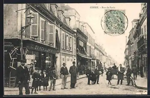 AK Cosne, Rue de Paris animée avec habitants et commerces