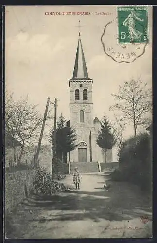 AK Corvol-d`Embernard, Le Clocher de l`église avec une fillette au premier plan