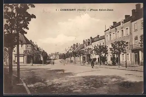 AK Corbigny, Place Saint-Jean avec ses maisons alignées et arbres le long de la rue