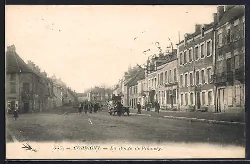 AK Corbigny, La Route de Prémery avec charrette et passants
