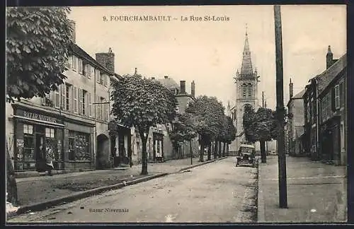 AK Fourchambault, La Rue St-Louis avec église et commerces