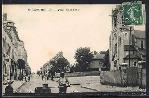 AK Fourchambault, Place Saint-Louis avec église et rue animée